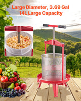 VEVOR 3.69 Gal/14L Fruit Wine Press, Stainless Steel Basket with Cross-beam and Triangular Structure, Manual Juice Maker, Cider Apple Grape Tincture Making Press with T-Handle for Kitchen Home - Front View