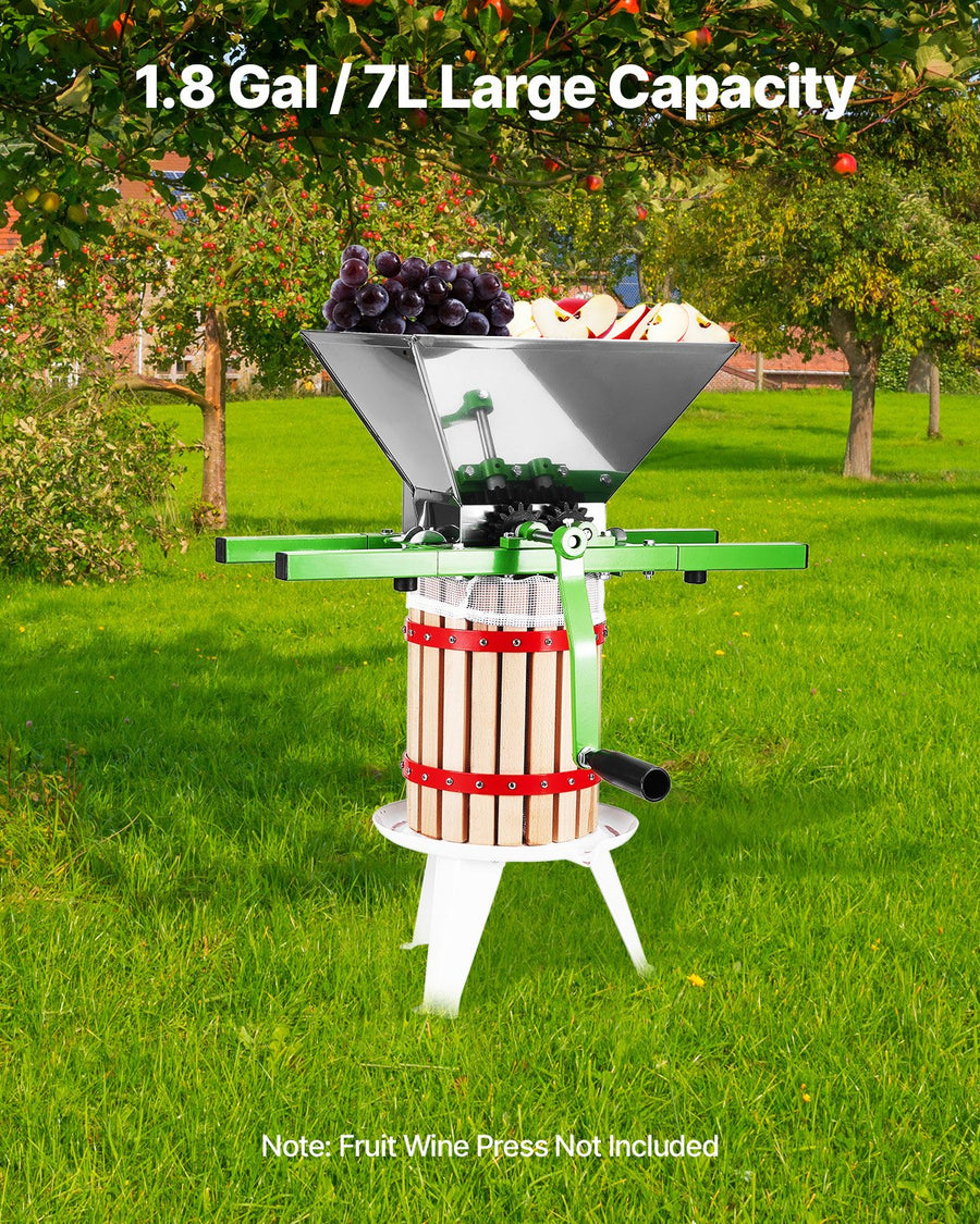 1.8 Gal/7L Fruit and Apple Crusher, Large Manual Grinder, Stainless Steel Fruit Scratter Pulper for Wine Cider Apple Grape Pressing, with Roller Handle for Kitchen Home, Green