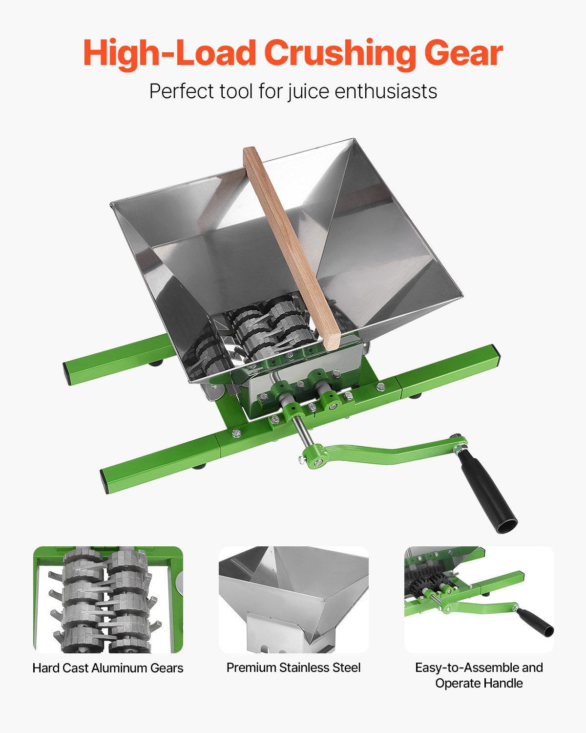 1.8 Gal/7L Fruit and Apple Crusher, Large Manual Grinder, Stainless Steel Fruit Scratter Pulper for Wine Cider Apple Grape Pressing, with Roller Handle for Kitchen Home, Green