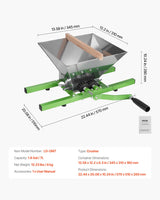 VEVOR 1.8 Gal/7L Fruit and Apple Crusher, Large Manual Grinder, Stainless Steel Fruit Scratter Pulper for Wine Cider Apple Grape Pressing, with Roller Handle for Kitchen Home, Green - Close-Up Angle