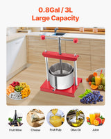 0.8 Gal/3L Fruit Wine Press, 2 Stainless Steel Barrels, Manual Juice Maker, Cider Apple Grape Tincture Honey Olive Oil Making Press with T-Handle for Outdoor Kitchen Home - Side View