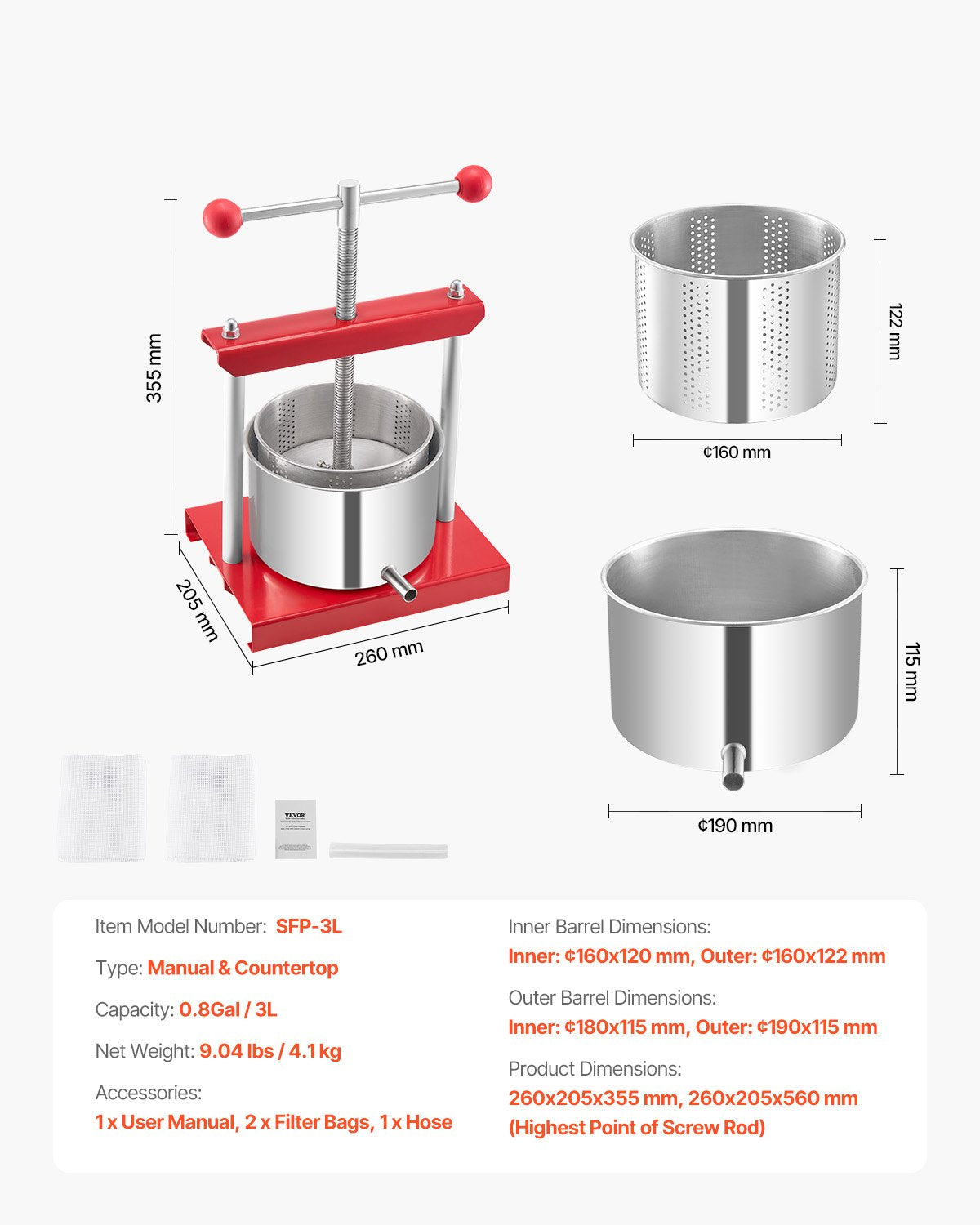 0.8 Gal/3L Fruit Wine Press, 2 Stainless Steel Barrels, Manual Juice Maker, Cider Apple Grape Tincture Honey Olive Oil Making Press with T-Handle for Outdoor Kitchen Home