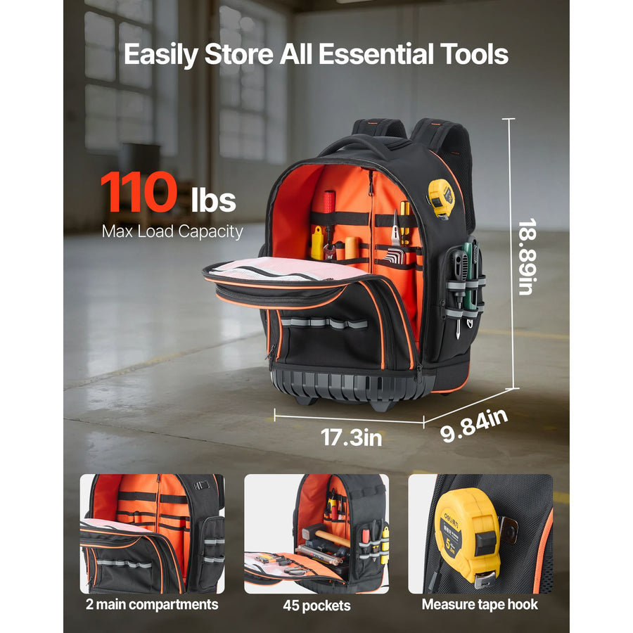 Rolling Tool Backpack, 110 lbs Load Capacity, 45 Pockets Heavy Duty Roller Tool Bag on Wheels, Adjustable Telescoping Handle & Stable Base, Toolbag Organizers for Construction, Mechanic