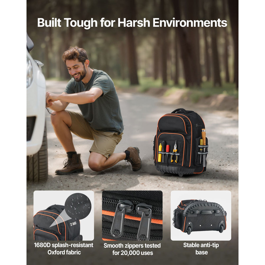 Rolling Tool Backpack, 110 lbs Load Capacity, 45 Pockets Heavy Duty Roller Tool Bag on Wheels, Adjustable Telescoping Handle & Stable Base, Toolbag Organizers for Construction, Mechanic