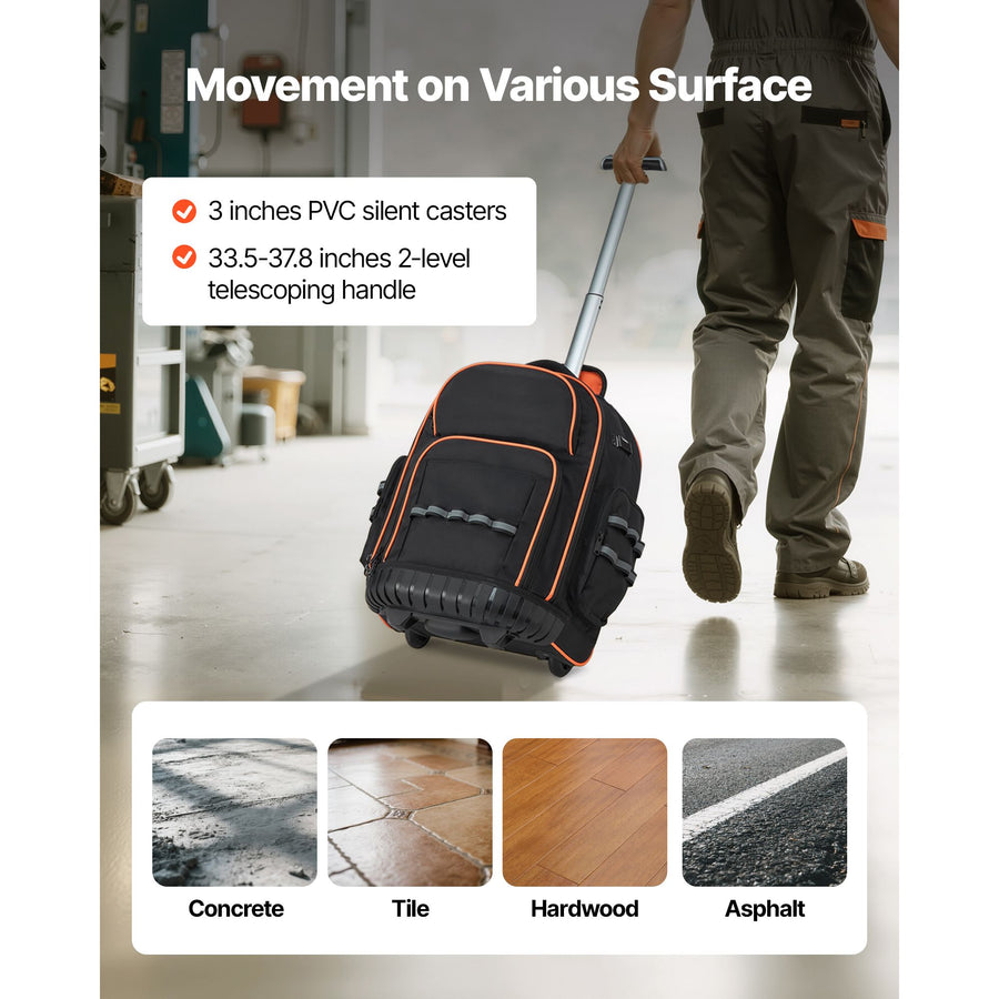 Rolling Tool Backpack, 110 lbs Load Capacity, 45 Pockets Heavy Duty Roller Tool Bag on Wheels, Adjustable Telescoping Handle & Stable Base, Toolbag Organizers for Construction, Mechanic
