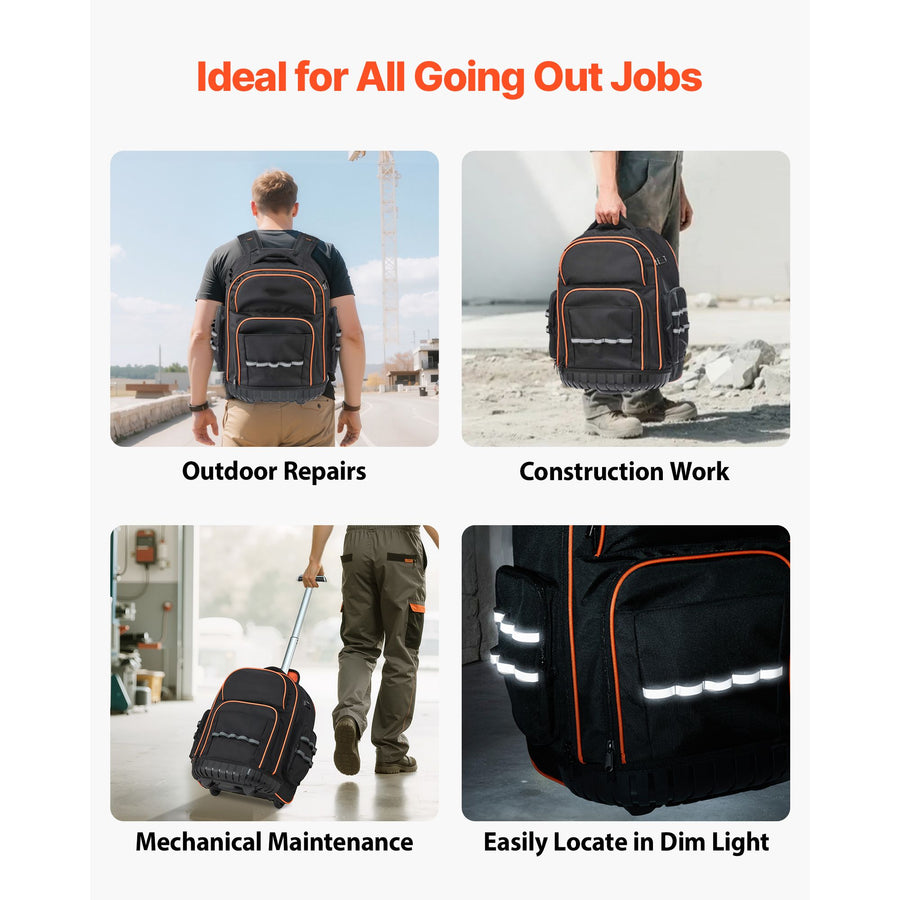 Rolling Tool Backpack, 110 lbs Load Capacity, 45 Pockets Heavy Duty Roller Tool Bag on Wheels, Adjustable Telescoping Handle & Stable Base, Toolbag Organizers for Construction, Mechanic