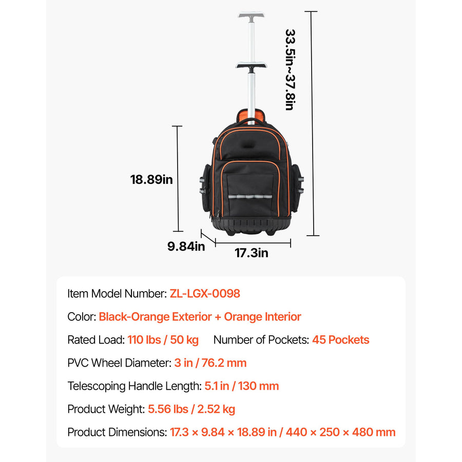Rolling Tool Backpack, 110 lbs Load Capacity, 45 Pockets Heavy Duty Roller Tool Bag on Wheels, Adjustable Telescoping Handle & Stable Base, Toolbag Organizers for Construction, Mechanic