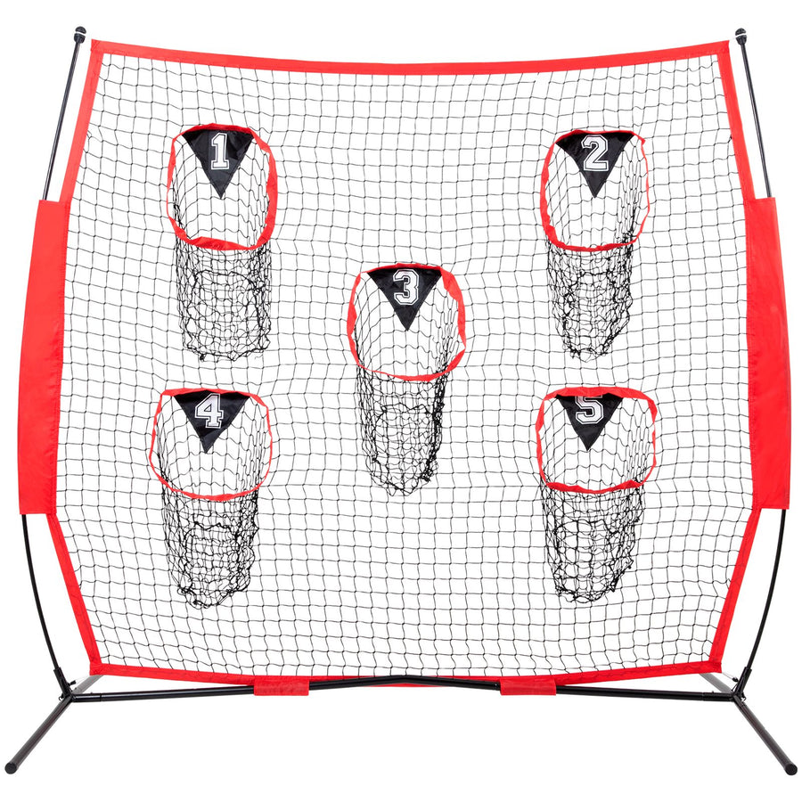 6 x 6 ft Football Trainer Throwing Net, Training Throwing Target Practice Net with 5 Target Pockets, Knotless Net Includes Bow Frame and Portable Carry Case, Improve QB Throwing Accuracy, Red