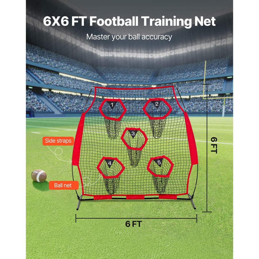 1828.8x1828.8mm Football Trainer Throwing Net, Training Throwing Target Practice Net with 5 Target Pockets, Knotless Net Includes Straps and Portable Carry Case, Improve QB Throwing Accuracy,Red