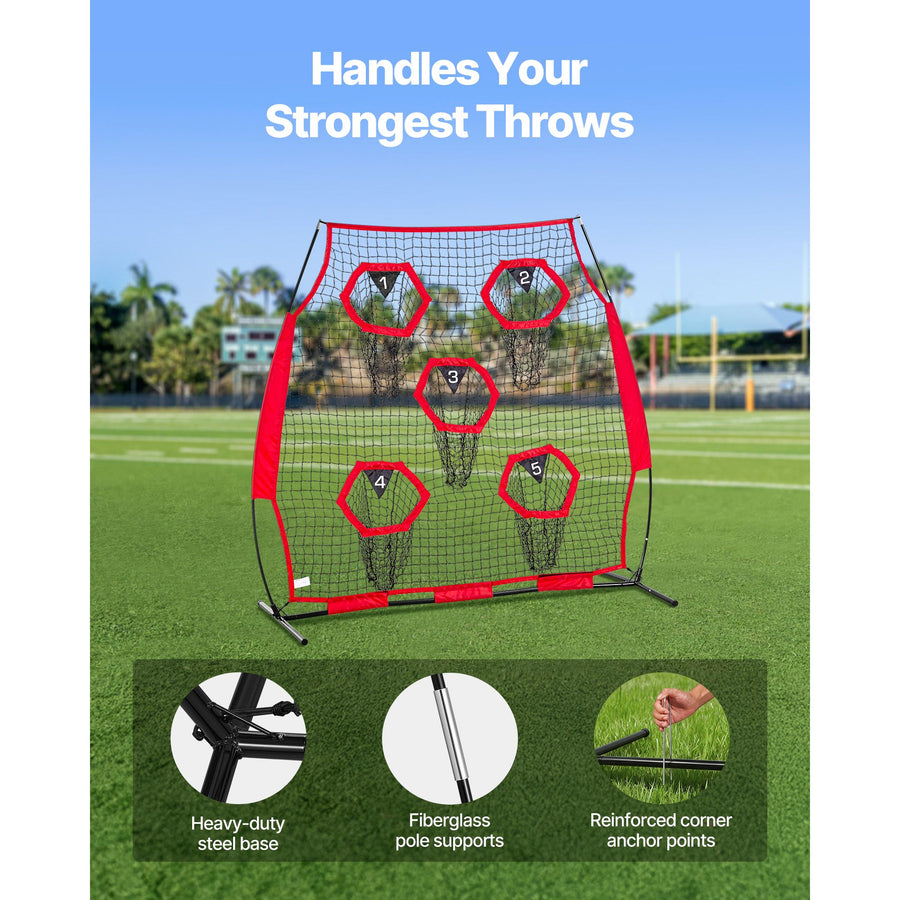 1828.8x1828.8mm Football Trainer Throwing Net, Training Throwing Target Practice Net with 5 Target Pockets, Knotless Net Includes Straps and Portable Carry Case, Improve QB Throwing Accuracy,Red