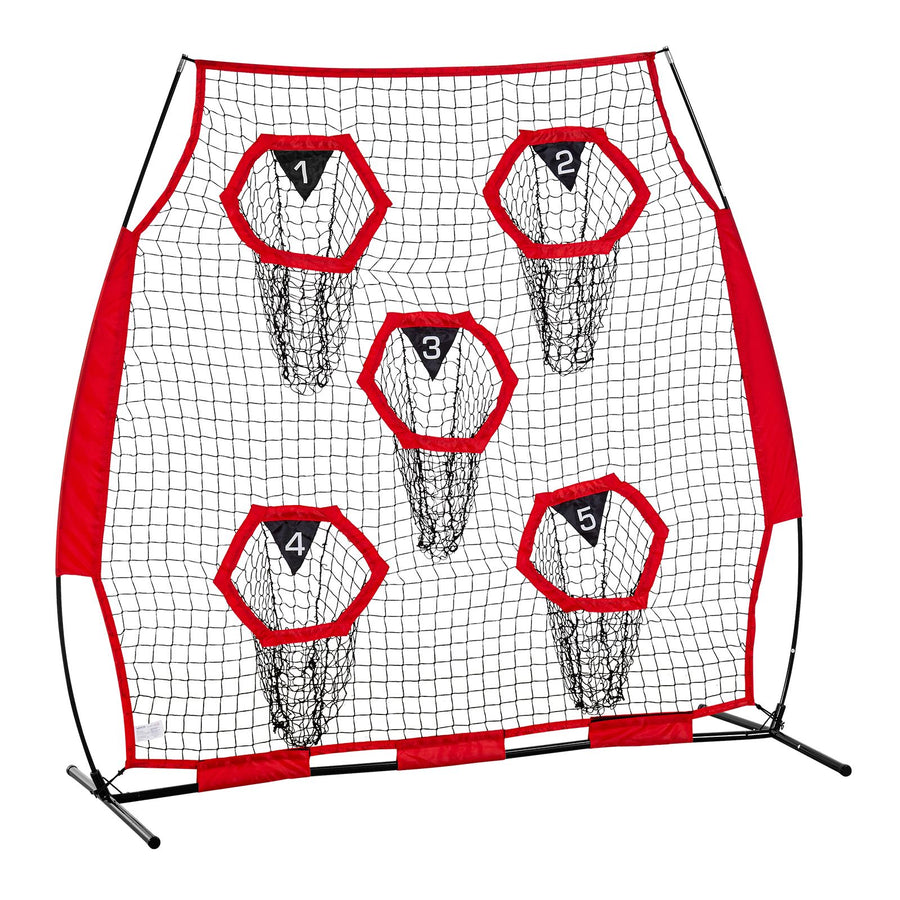 1828.8x1828.8mm Football Trainer Throwing Net, Training Throwing Target Practice Net with 5 Target Pockets, Knotless Net Includes Straps and Portable Carry Case, Improve QB Throwing Accuracy,Red