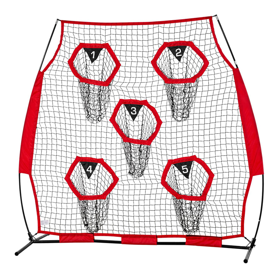 1828.8x1828.8mm Football Trainer Throwing Net, Training Throwing Target Practice Net with 5 Target Pockets, Knotless Net Includes Straps and Portable Carry Case, Improve QB Throwing Accuracy,Red