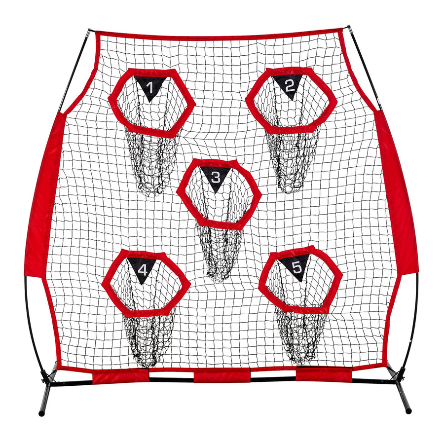 1828.8x1828.8mm Football Trainer Throwing Net, Training Throwing Target Practice Net with 5 Target Pockets, Knotless Net Includes Straps and Portable Carry Case, Improve QB Throwing Accuracy,Red