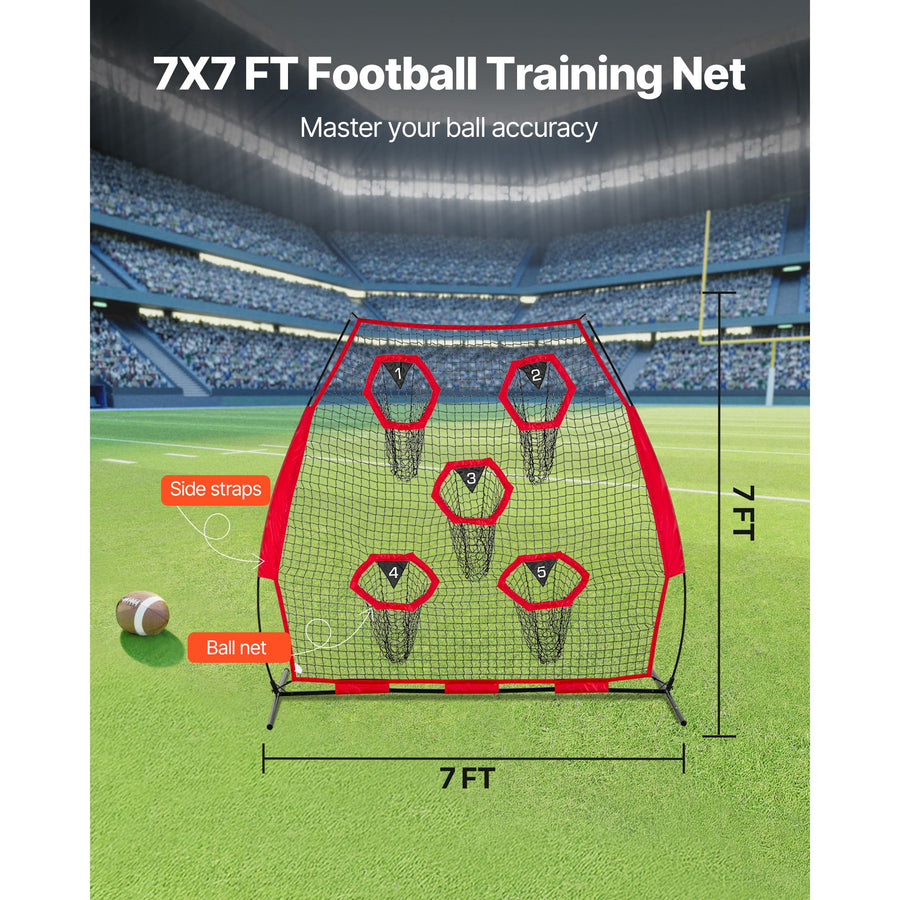 2133.6 x 2133.6mm Football Trainer Throwing Net, Training Throwing Target Practice Net with 5 Target Pockets, Knotless Net Includes Straps and Portable Carry Case, Improve QB Throwing Accuracy