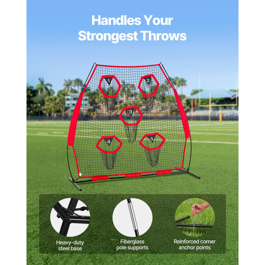 2133.6 x 2133.6mm Football Trainer Throwing Net, Training Throwing Target Practice Net with 5 Target Pockets, Knotless Net Includes Straps and Portable Carry Case, Improve QB Throwing Accuracy