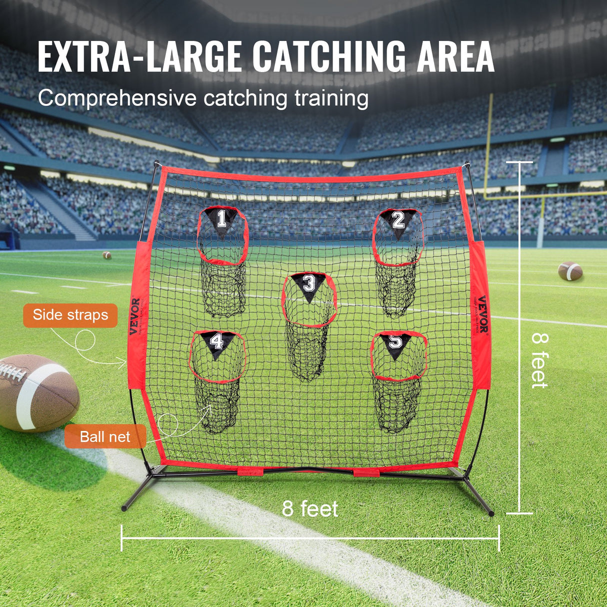 VEVOR 8 x 8 ft Football Trainer Throwing Net, Training Throwing Target Practice Net with 5 Target Pockets, Knotless Net Includes Bow Frame and