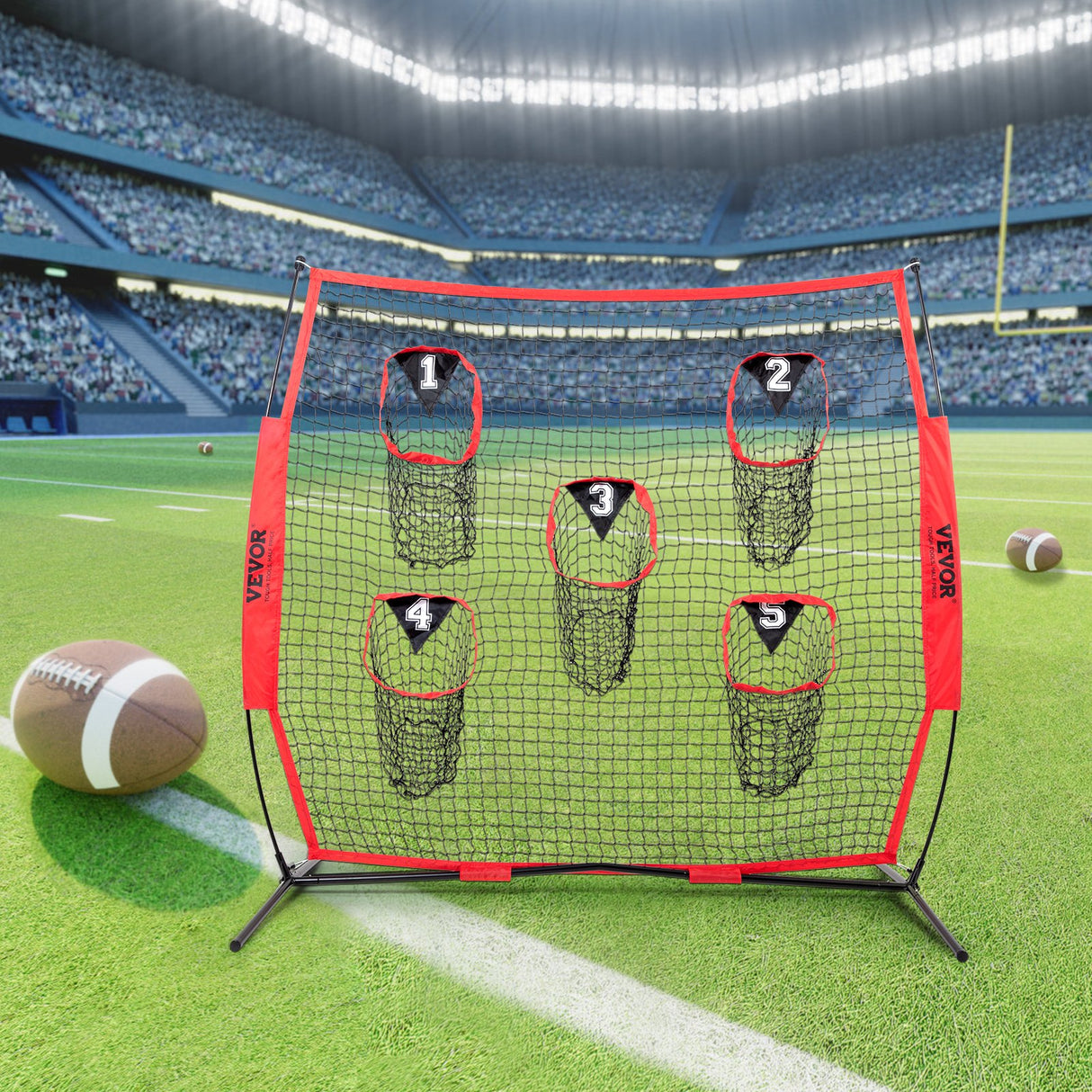 VEVOR 8 x 8 ft Football Trainer Throwing Net, Training Throwing Target Practice Net with 5 Target Pockets, Knotless Net Includes Bow Frame and