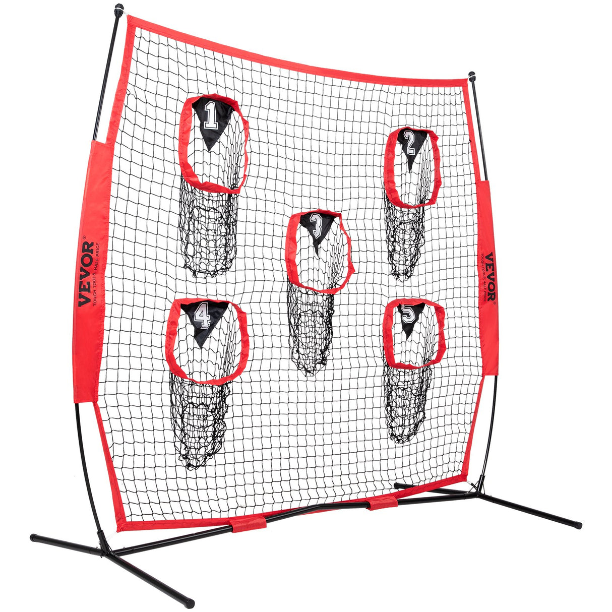 VEVOR 8 x 8 ft Football Trainer Throwing Net, Training Throwing Target Practice Net with 5 Target Pockets, Knotless Net Includes Bow Frame and