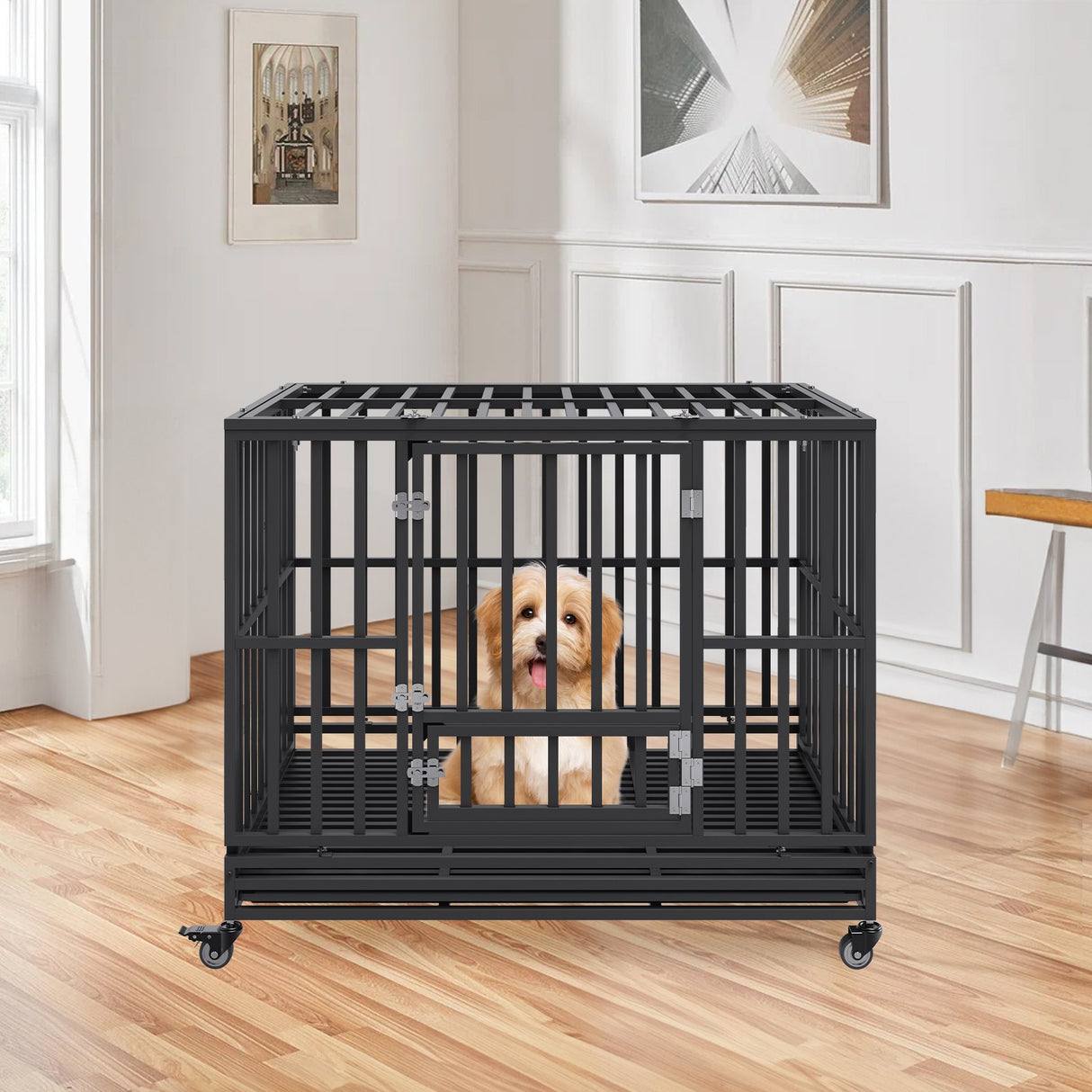 VEVOR 47 Inch Heavy Duty Dog Crate, Indestructible Dog Crate, 3-Door Heavy Duty Dog Kennel for Medium to Large Dogs with Lockable Wheels and Removable