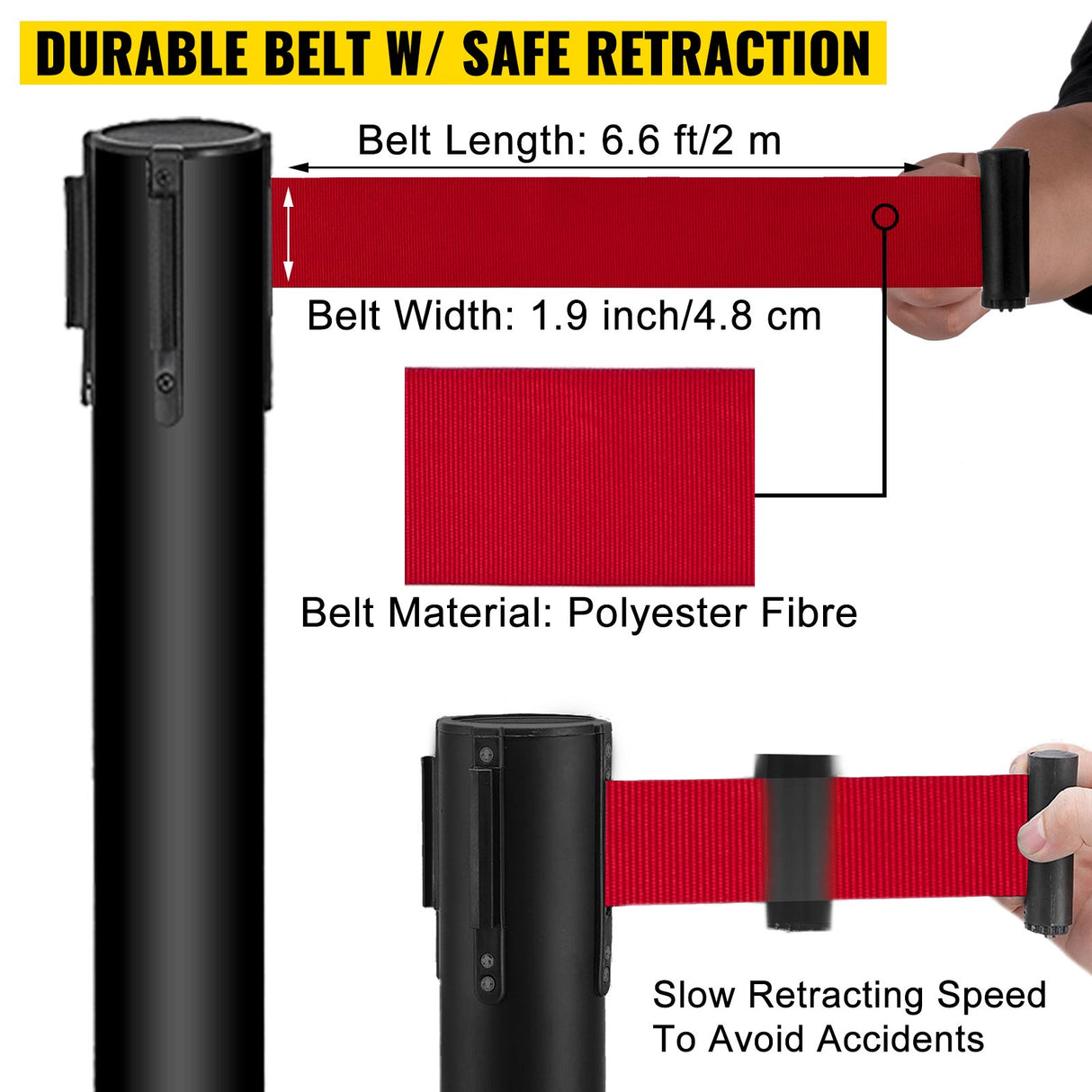 VEVOR Stanchion Post Barriers 4-Set Line Dividers, Stainless Steel Stanchions with 6.6 Black Retractable Belts, Stanchions with One Sign Frame, 34.6