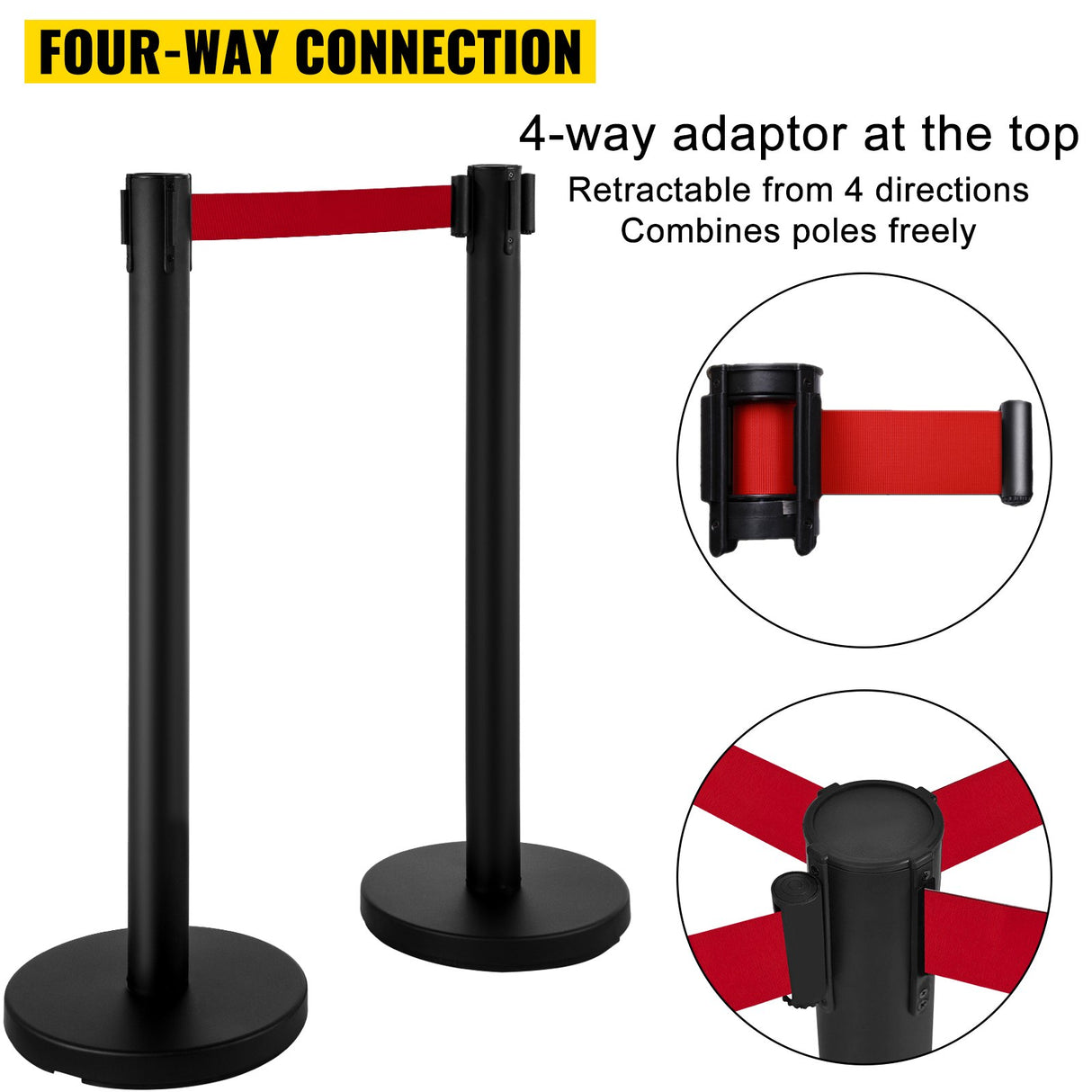 VEVOR Stanchion Post Barriers 4-Set Line Dividers, Stainless Steel Stanchions with 6.6 Black Retractable Belts, Stanchions with One Sign Frame, 34.6
