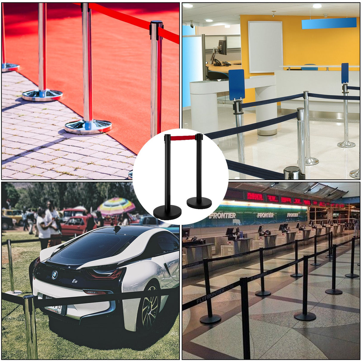 VEVOR Stanchion Post Barriers 4-Set Line Dividers, Stainless Steel Stanchions with 6.6 Black Retractable Belts, Stanchions with One Sign Frame, 34.6