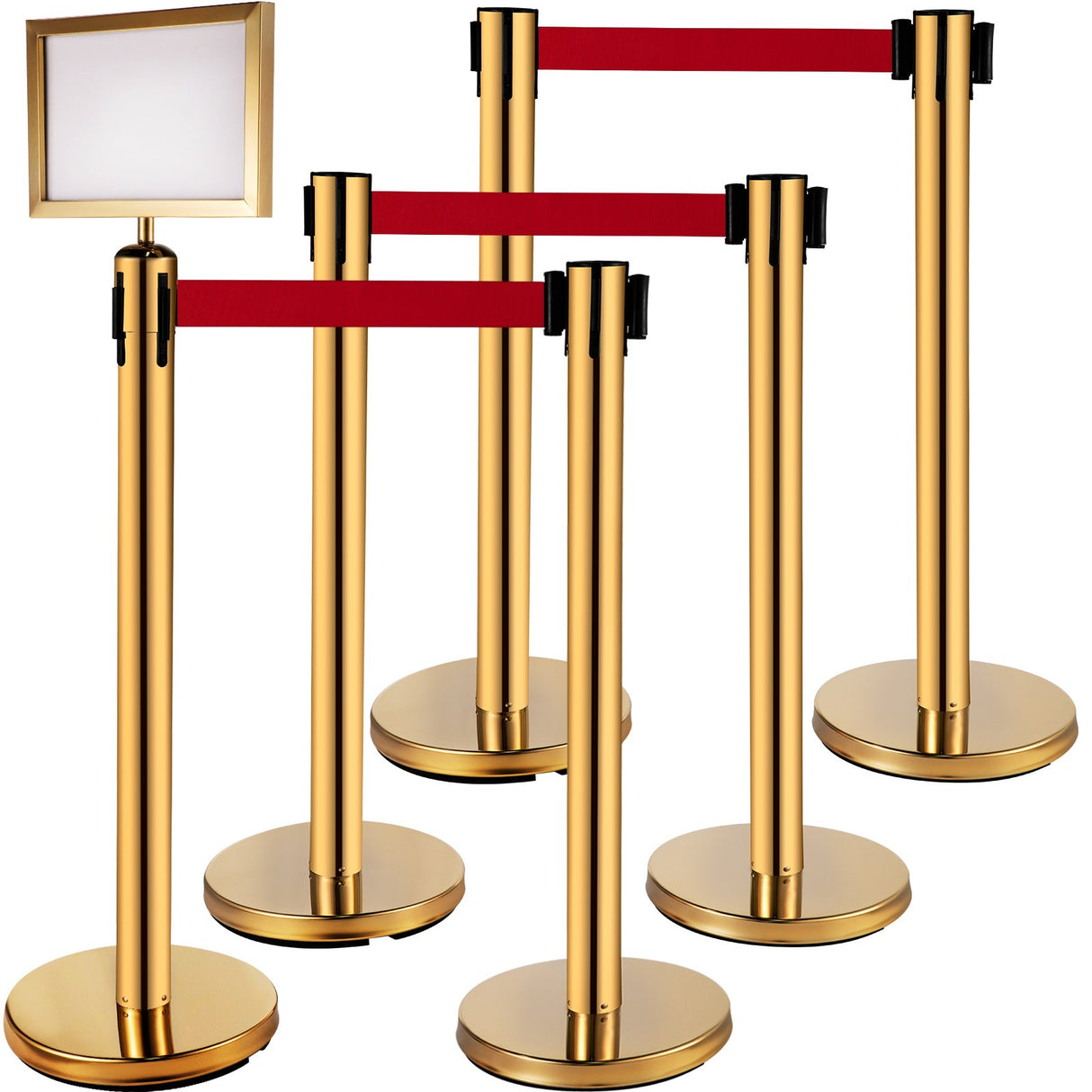 VEVOR Stanchion Post Barriers 6-Set Line Dividers, Stainless Steel Stanchions with 6.6 Red Retractable Belts, Stanchions with One Sign Frame, 34.6