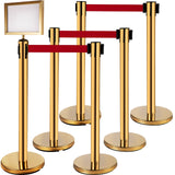 VEVOR Stanchion Post Barriers 6-Set Line Dividers, Stainless Steel Stanchions with 6.6 Red Retractable Belts, Stanchions with One Sign Frame, 34.6