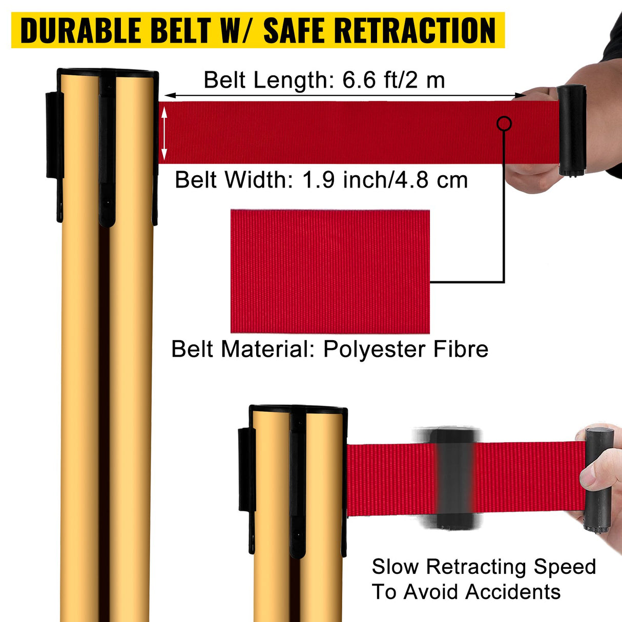 VEVOR Stanchion Post Barriers 6-Set Line Dividers, Stainless Steel Stanchions with 6.6 Red Retractable Belts, Stanchions with One Sign Frame, 34.6