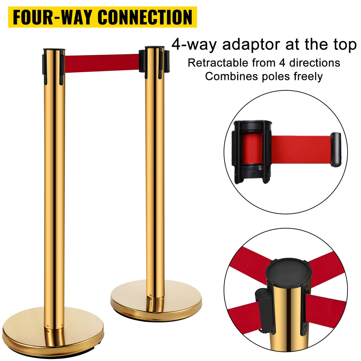VEVOR Stanchion Post Barriers 6-Set Line Dividers, Stainless Steel Stanchions with 6.6 Red Retractable Belts, Stanchions with One Sign Frame, 34.6