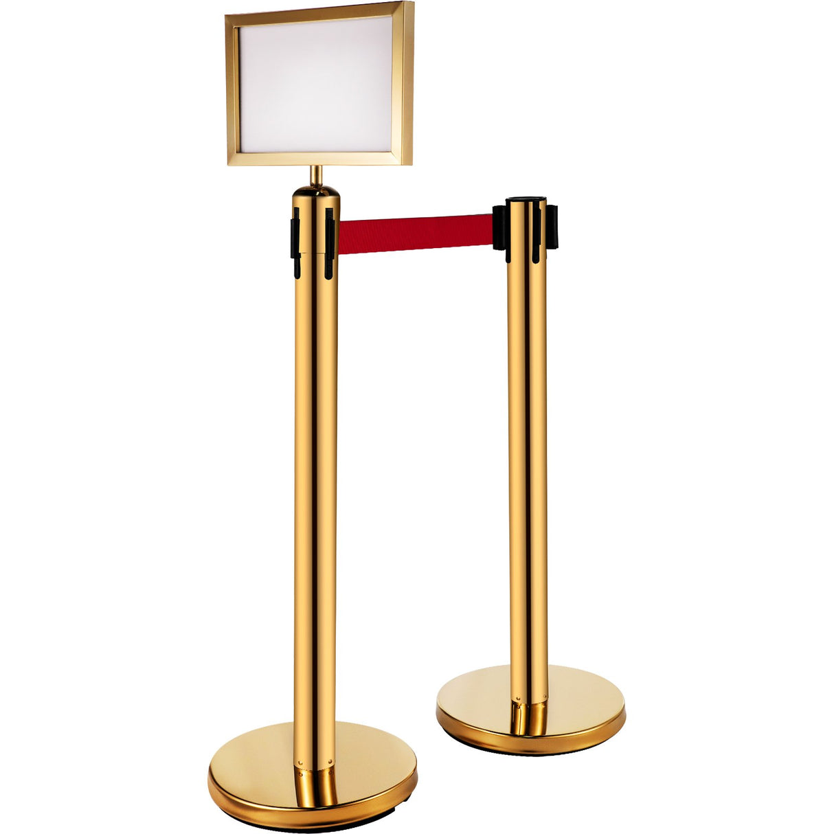 VEVOR Stanchion Post Barriers 6-Set Line Dividers, Stainless Steel Stanchions with 6.6 Red Retractable Belts, Stanchions with One Sign Frame, 34.6