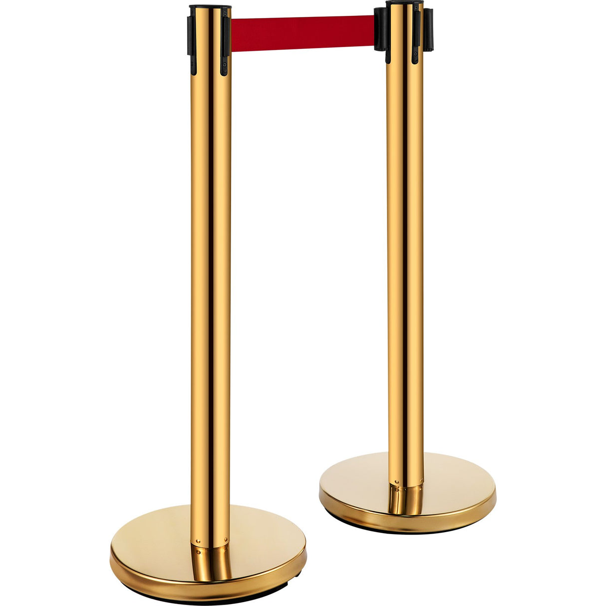 VEVOR Stanchion Post Barriers 6-Set Line Dividers, Stainless Steel Stanchions with 6.6 Red Retractable Belts, Stanchions with One Sign Frame, 34.6 Queue Safety Stanchions (Gold)
