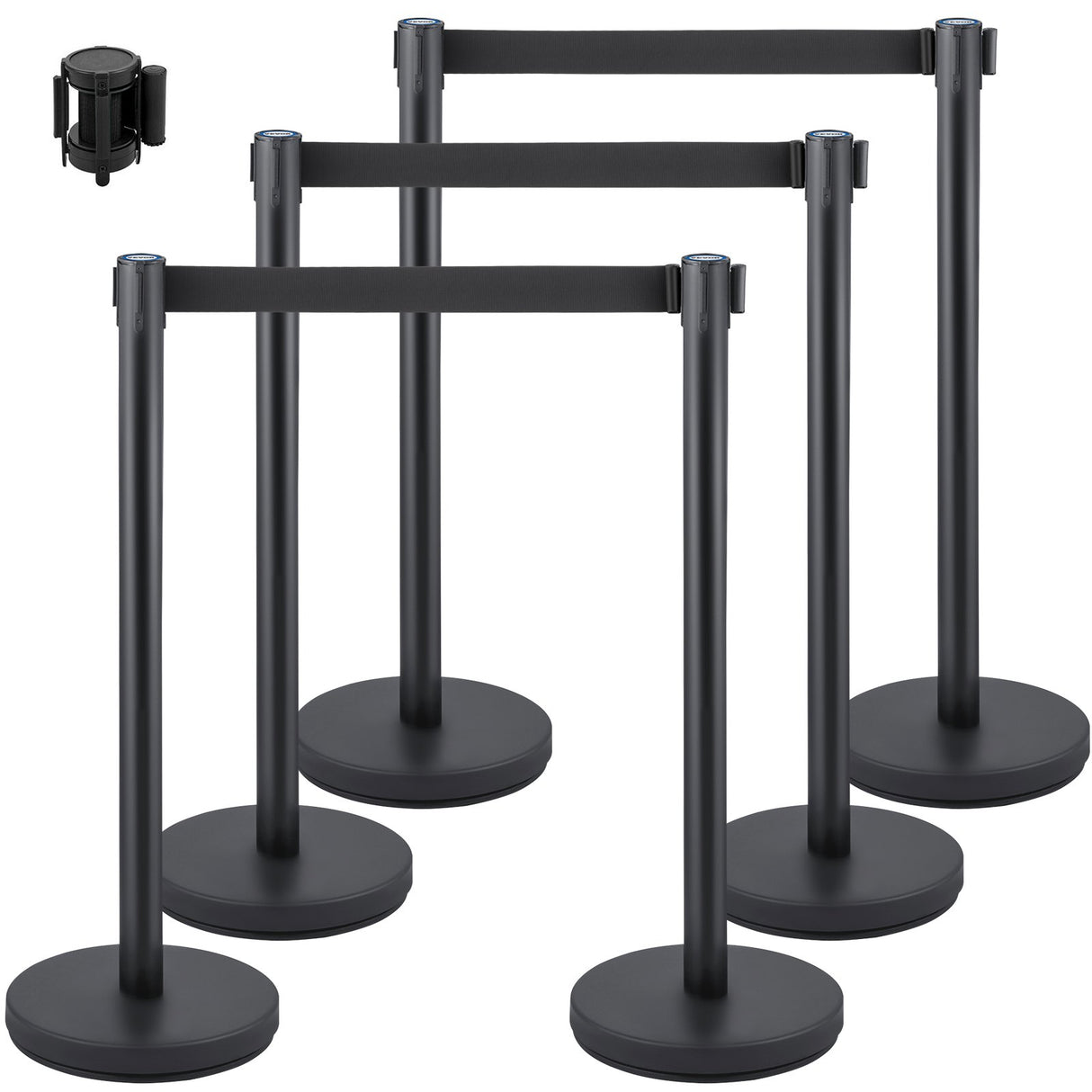 VEVOR Crowd Control Stanchion, Set of 6 Pieces Stanchion Set, Stanchion Set with 6.6 ft/2 m Black Retractable Belt, Black Crowd Control Barrier with Concrete and Metal Base ??Easy Connect Assembly