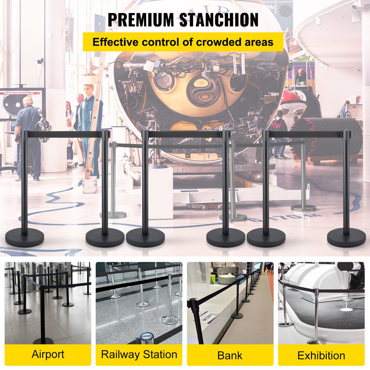 VEVOR Crowd Control Stanchion, Set of 6 Pieces Stanchion Set, Stanchion Set with 6.6 ft/2 m Black Retractable Belt, Black Crowd Control Barrier with Concrete and Metal Base ??Easy Connect Assembly