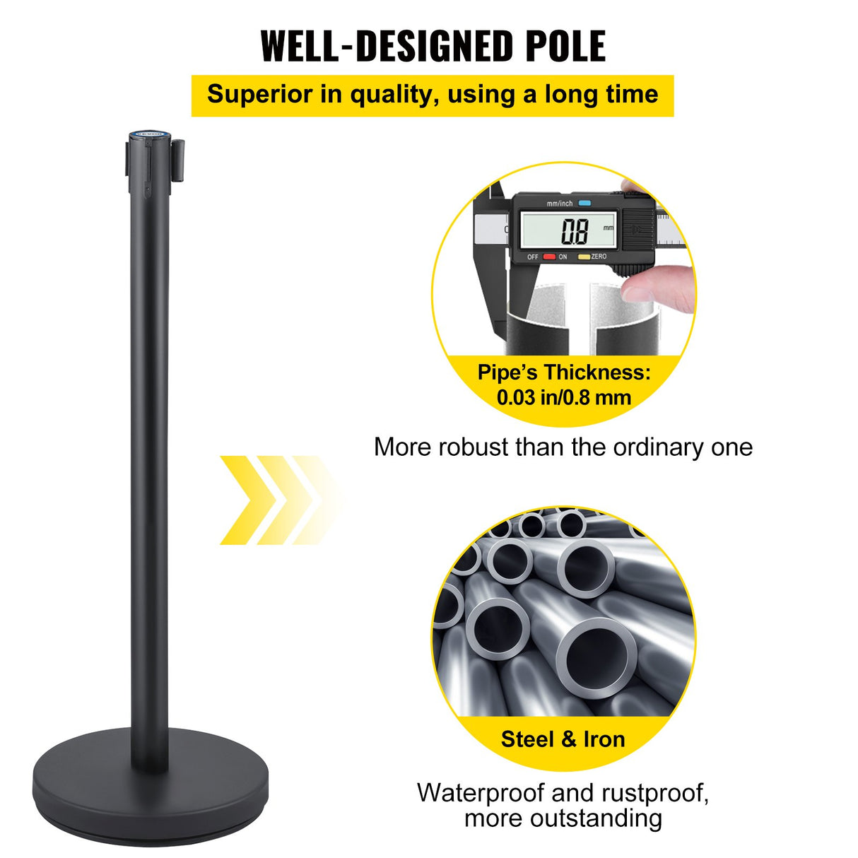 VEVOR Crowd Control Stanchion, Set of 6 Pieces Stanchion Set, Stanchion Set with 6.6 ft/2 m Black Retractable Belt, Black Crowd Control Barrier with Concrete and Metal Base – Easy Connect Assembly
