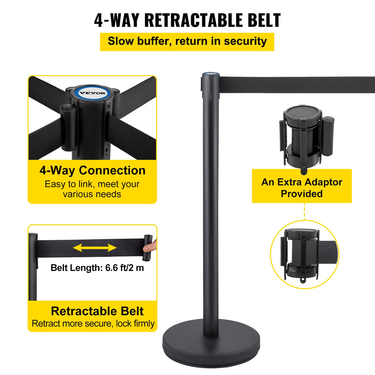 VEVOR Crowd Control Stanchion, Set of 6 Pieces Stanchion Set, Stanchion Set with 6.6 ft/2 m Black Retractable Belt, Black Crowd Control Barrier with Concrete and Metal Base – Easy Connect Assembly