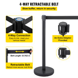 VEVOR Crowd Control Stanchion, Set of 6 Pieces Stanchion Set, Stanchion Set with 6.6 ft/2 m Black Retractable Belt, Black Crowd Control Barrier with Concrete and Metal Base – Easy Connect Assembly - Top-Down View