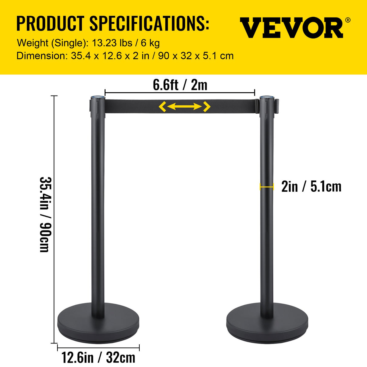 VEVOR Crowd Control Stanchion, Set of 6 Pieces Stanchion Set, Stanchion Set with 6.6 ft/2 m Black Retractable Belt, Black Crowd Control Barrier with Concrete and Metal Base ??Easy Connect Assembly