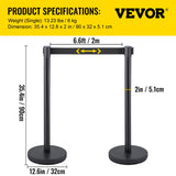 VEVOR Crowd Control Stanchion, Set of 6 Pieces Stanchion Set, Stanchion Set with 6.6 ft/2 m Black Retractable Belt, Black Crowd Control Barrier with Concrete and Metal Base ??Easy Connect Assembly