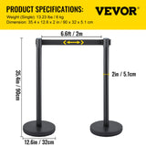 VEVOR Crowd Control Stanchion, Set of 6 Pieces Stanchion Set, Stanchion Set with 6.6 ft/2 m Black Retractable Belt, Black Crowd Control Barrier with Concrete and Metal Base – Easy Connect Assembly - Close-Up Angle