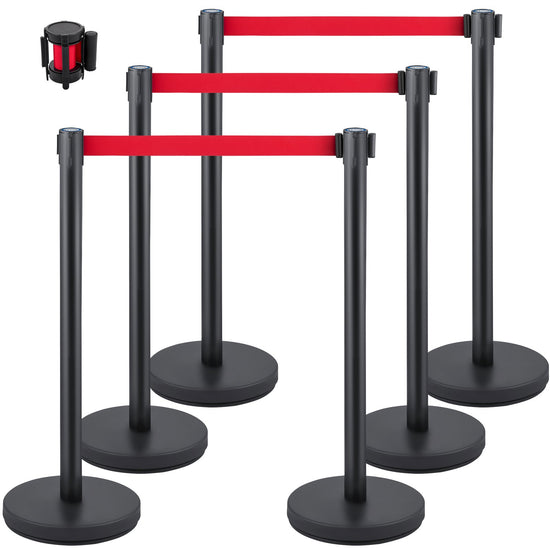 VEVOR Crowd Control Stanchion, Set of 6 Pieces Stanchion Set, Stanchion Set with 6.6 ft/2 m Red Retractable Belt, Crowd Control Barrier with Rubber Base ??Easy Connect Assembly for Crowd Control (Black)