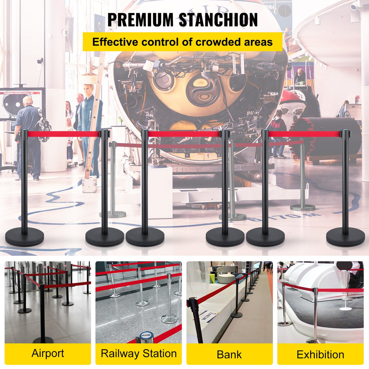 VEVOR Crowd Control Stanchion, Set of 6 Pieces Stanchion Set, Stanchion Set with 6.6 ft/2 m Red Retractable Belt, Crowd Control Barrier with Rubber Base ??Easy Connect Assembly for Crowd Control (Black)
