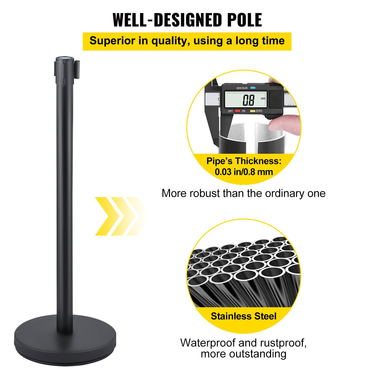 VEVOR Crowd Control Stanchion, Set of 6 Pieces Stanchion Set, Stanchion Set with 6.6 ft/2 m Red Retractable Belt, Crowd Control Barrier with Rubber Base ??Easy Connect Assembly for Crowd Control (Black)