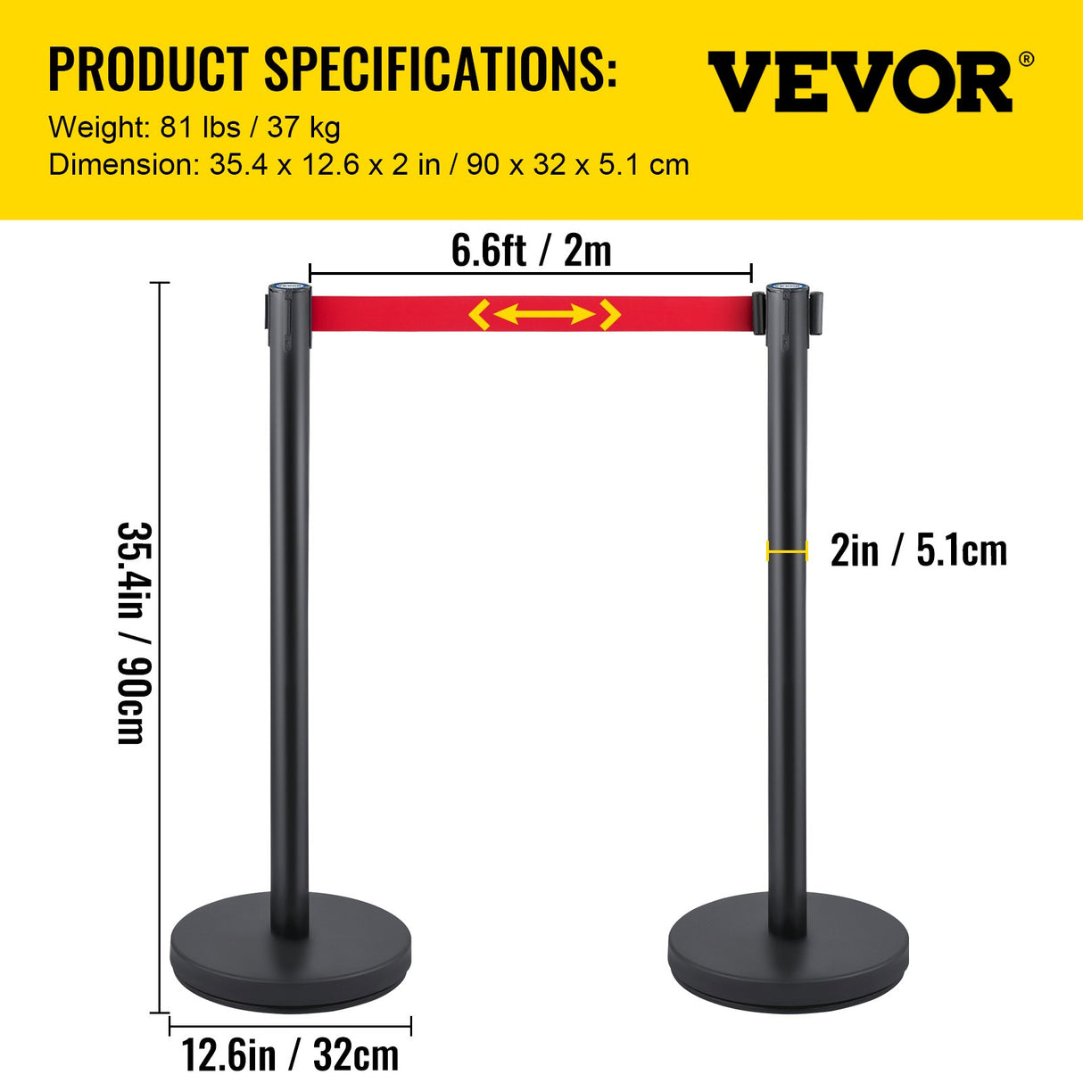 VEVOR Crowd Control Stanchion, Set of 6 Pieces Stanchion Set, Stanchion Set with 6.6 ft/2 m Red Retractable Belt, Crowd Control Barrier with Rubber Base ??Easy Connect Assembly for Crowd Control (Black)