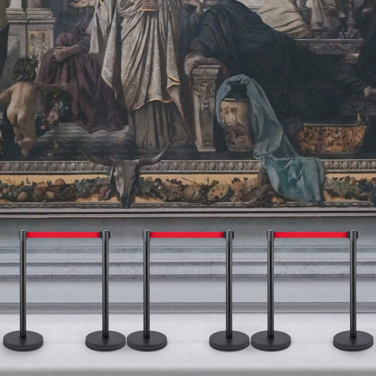 VEVOR Crowd Control Stanchion, Set of 6 Pieces Stanchion Set, Stanchion Set with 6.6 ft/2 m Red Retractable Belt, Crowd Control Barrier with Rubber Base ??Easy Connect Assembly for Crowd Control (Black)
