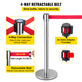VEVOR Crowd Control Stanchion, Set of 6 Pieces Stanchion Set, Stanchion Set with 2 m Red Retractable Belt, Crowd Control Barrier with Rubber Base ??Easy Connect Assembly for Crowd Control (Silver)