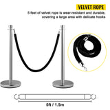 VEVOR Crowd Control Stanchion, Set of 2 Pieces Stanchion Set, Stanchion Set with 5 ft/1.5 m Black Velvet Rope, Silver Crowd Control Barrier with Sturdy Concrete and Metal Base - Easy Connect Assembly - Side View