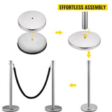 VEVOR Crowd Control Stanchion, Set of 2 Pieces Stanchion Set, Stanchion Set with 5 ft/1.5 m Black Velvet Rope, Silver Crowd Control Barrier with Sturdy Concrete and Metal Base - Easy Connect Assembly - Rear View