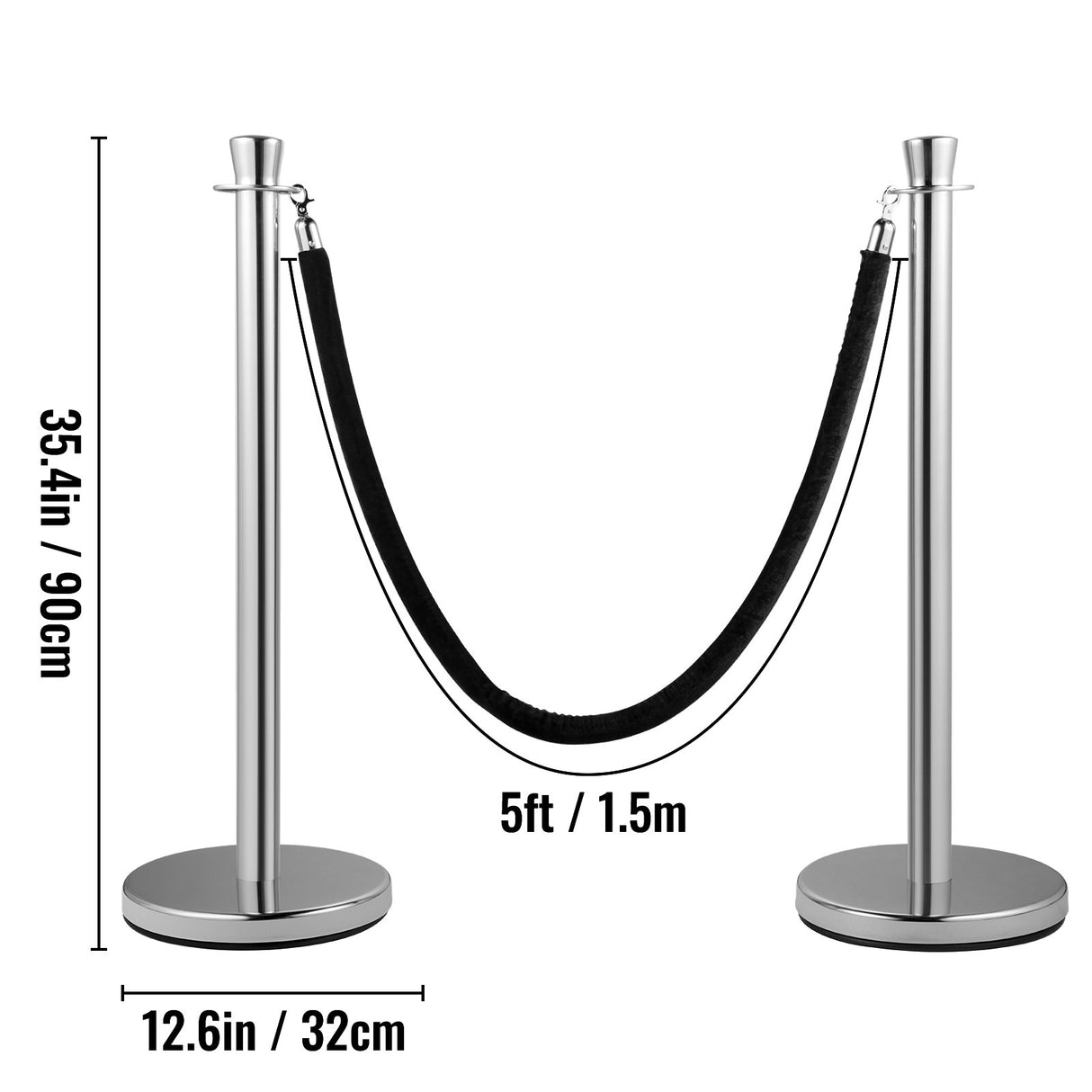 VEVOR Crowd Control Stanchion, Set of 2 Pieces Stanchion Set, Stanchion Set with 5 ft/1.5 m Black Velvet Rope, Silver Crowd Control Barrier with