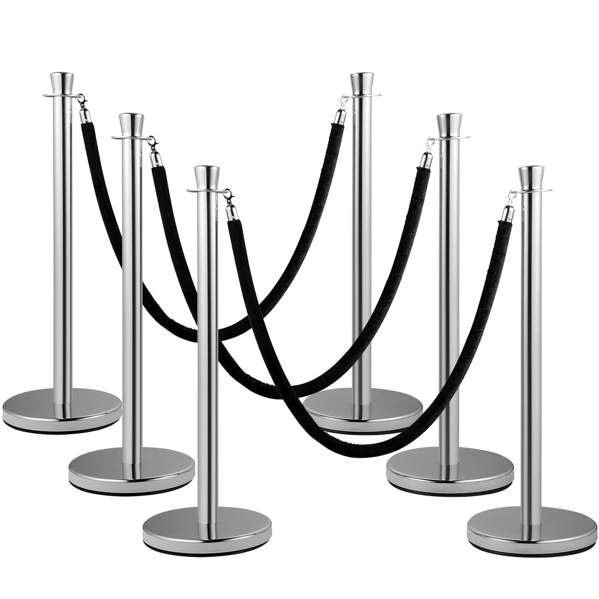 VEVOR Crowd Control Stanchion, Set of 2 Pieces Stanchion Set, Stanchion Set with 5 ft/1.5 m Black Velvet Rope, Silver Crowd Control Barrier with